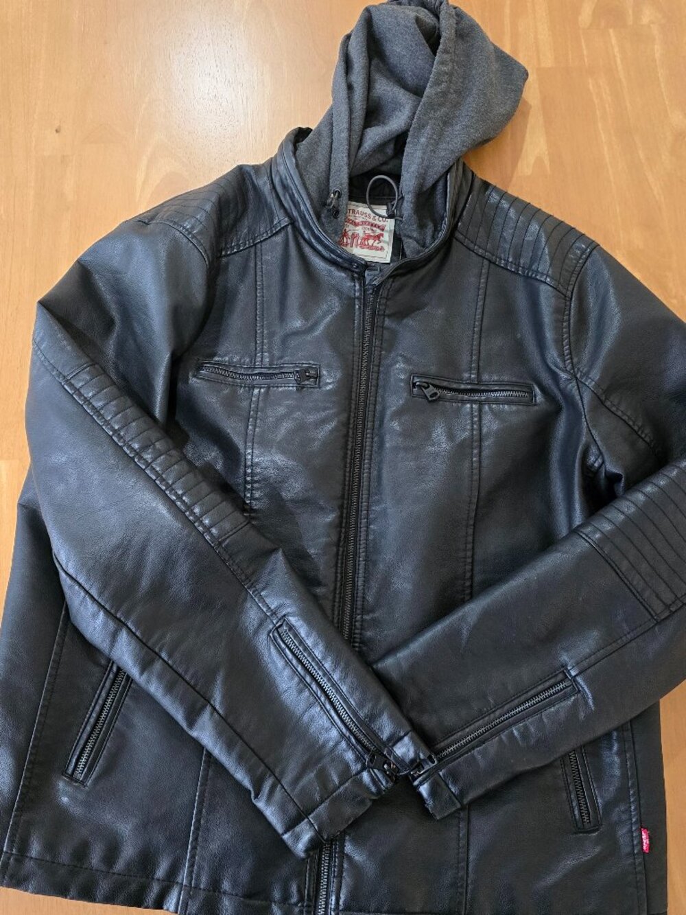 Levi's Men's Hooded Quilted Lined Jacket Moto Racer Faux Leather Black Size XL